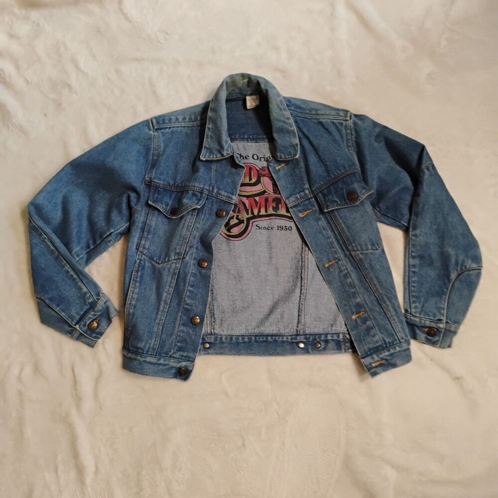 Y2K Live Ins Red Camel Denim Jacket Graphic Interior Trucker Unisex Small 90s